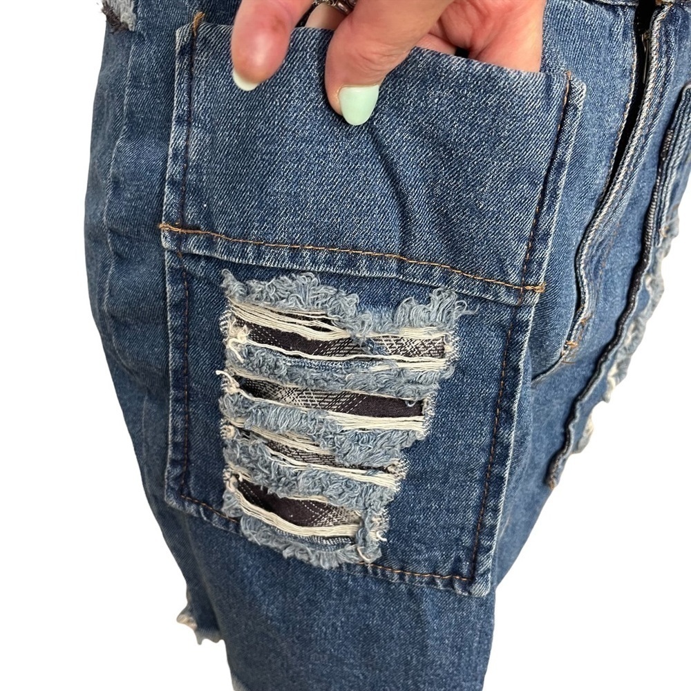 POL Boutique Distressed Plaid Patched Frayed Hem Denim Mini Skirt - Picture 5 of 13